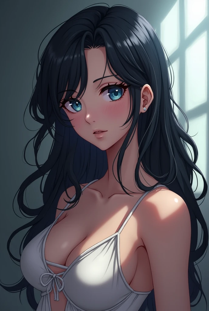 Girl from Boku no hero academy, only he has black hair, long and wavy, clear skin, sky blue eyes, mole under the eye, naked or in a sexy outfit 