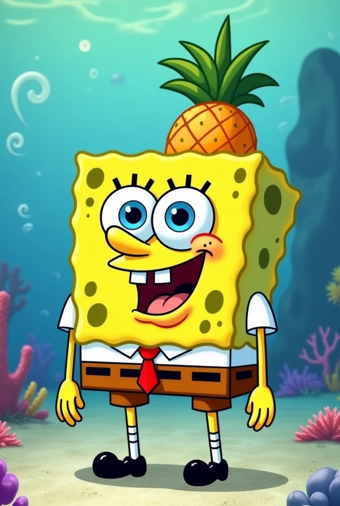 Yellow square sponge, cheerful, optimistic, fry cook at the Krusty Krab, best friends with Patrick Star, lives in a pineapple under the sea.