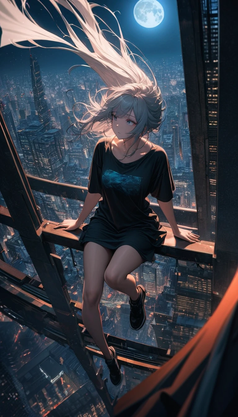 High resolution, Highest quality, high resolution, Super Fine, 16K, Unbelievably absurd, Very detailed, Beautiful woman sitting on a trapeze suspended between two skyscrapers, Gazing into the distance, Wear a loose, long T-shirt, Captivating look, Wind, Wind-effect, moonlit nightscape, (Nice views:1.1) , Clockpunk