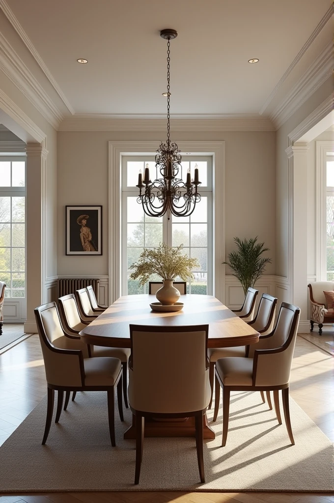 Professional 3d architecture rendering design of modern and French design for living room and dining room with wooden dining table and eight French chairs