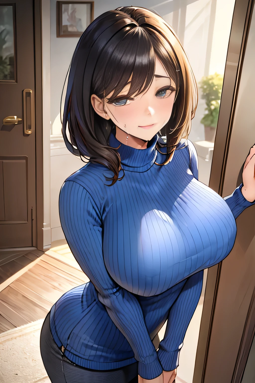 /(Modern house interior/), Only One Woman, Mature Woman, /(blue ribbed Sweater/), bangs, kind, Blushed Smile, (Top quality masterpiece:1.2) Delicate illustrations, Very detailed, Large Breasts、((Sweat,vapor))、In front of the entrance door、visit、(Full Shot)),