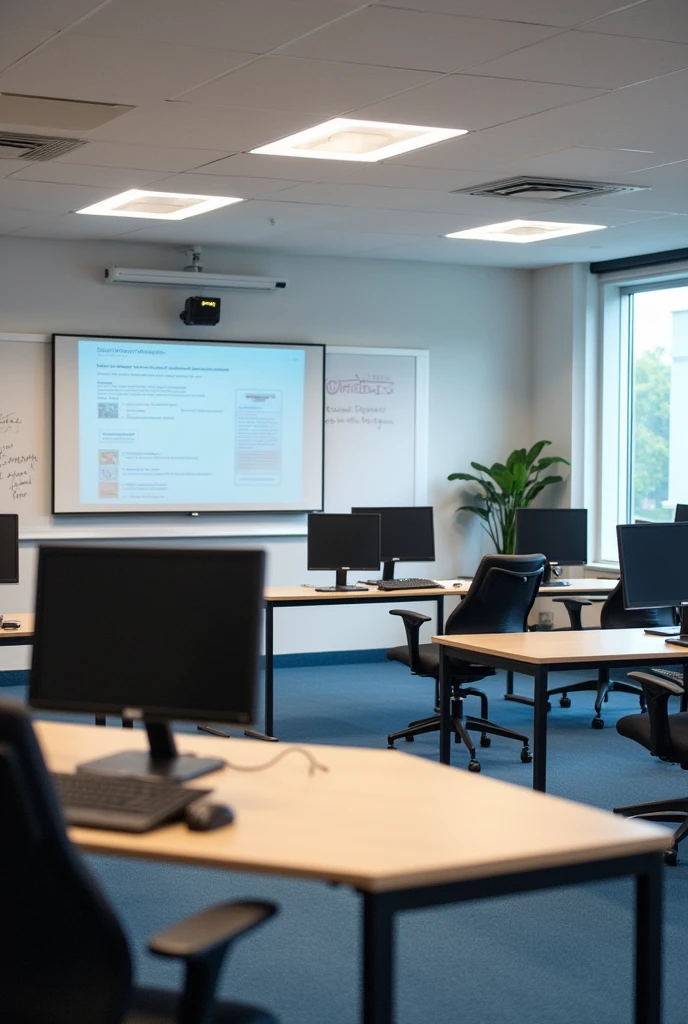 A modern and well-equipped classroom, with desks, computers and multimedia resources