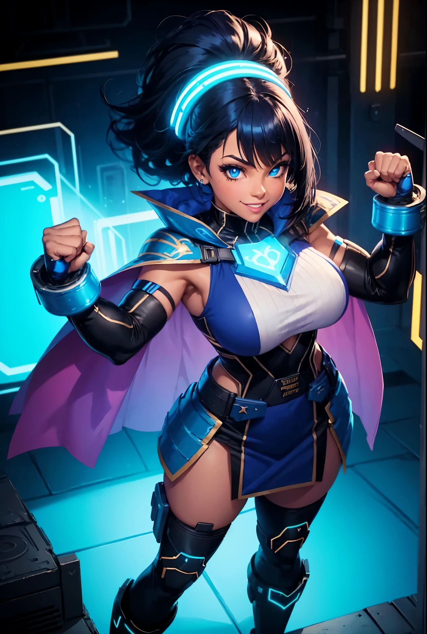 Digital painting of a girl with royal blue and black hair, hero, Muscle Girl, Pause, Raise your fist, From above, 1 Raise your knees, Behance Contest Winner, Afrofuturism, Synthwave, neon, glowing neon, Huge saggy breasts,cape,highschool skirt,((cute smile)),