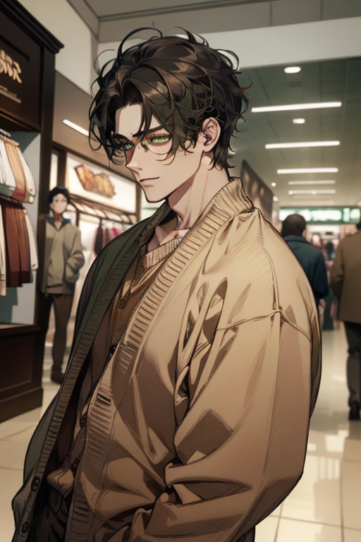 masterpiece, best quality, realistic, 1man, mature male, quiet and charming young man, 35 years old, close his eyes, ((soft smile)), closed mouth, extremely detailed face, a little distant, ((dark green eyes)), ((short-side-swept sandy black hair)), [thick eyebrows], (caramel cardigan and brown trousers), (waiting in front of the store)