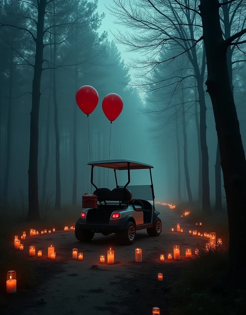 A terrifying scene in a horror environment: A golf cart sits eerily still in the middle of a dark, foggy forest. The area is illuminated by numerous candles scattered around, their flickering flames casting unsettling shadows on the surrounding trees. Two red balloons hang ominously from the golf cart, swaying gently in the cold breeze. A small baby coffin rests on the ground nearby, surrounded by a circle of candles, adding to the chilling atmosphere. Zombies encircle the scene, emerging from the shadows of the forest. Their decaying bodies close in from all sides, their lifeless eyes fixed on the golf cart as they slowly converge, driven by an unknown, malevolent force.