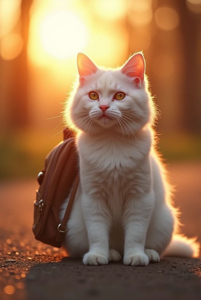 a beautiful cat girl with a backpack sitting on the ground, lovely cute cat girl, white cat girl, during the golden hour, at sunset, warm golden light, golden hour, soft golden glow, shot during golden hour, by Yang J, cat photography, sunrise light