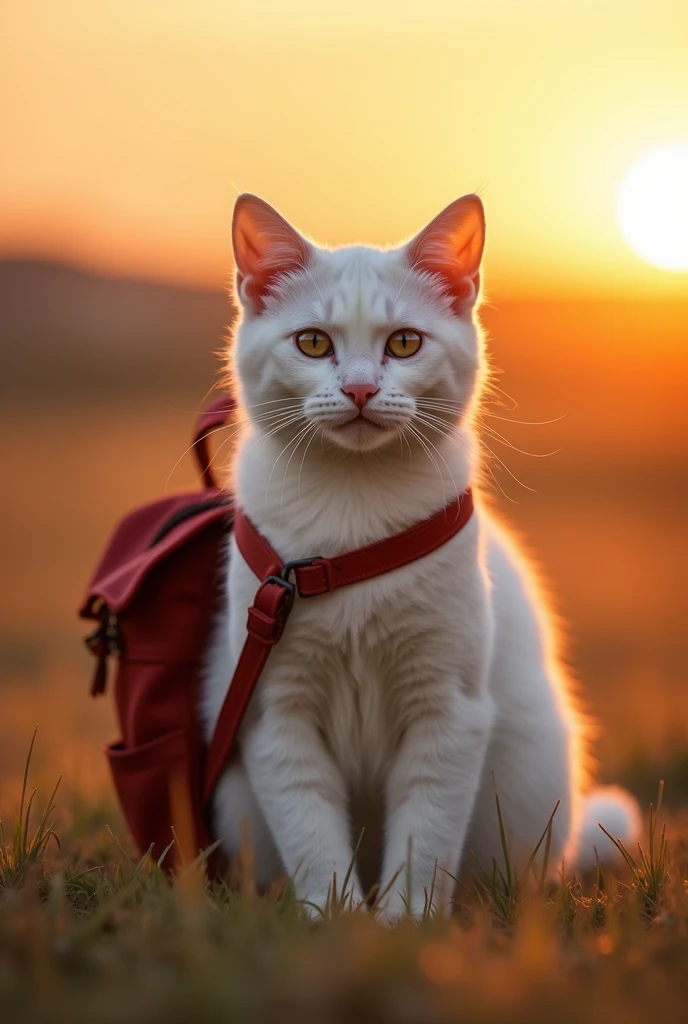 a beautiful cat girl with a backpack sitting on the ground, lovely cute cat girl, white cat girl, during the golden hour, at sunset, warm golden light, golden hour, soft golden glow, shot during golden hour, by Yang J, cat photography, sunrise light