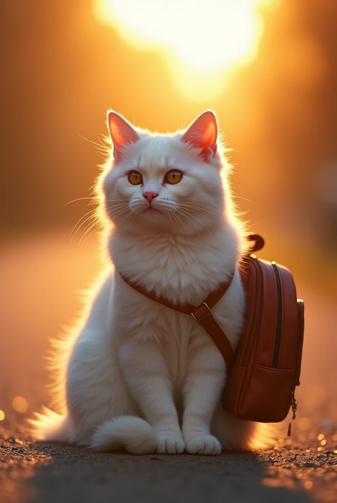 a beautiful cat girl with a backpack sitting on the ground, lovely cute cat girl, white cat girl, during the golden hour, at sunset, warm golden light, golden hour, soft golden glow, shot during golden hour, by Yang J, cat photography, sunrise light