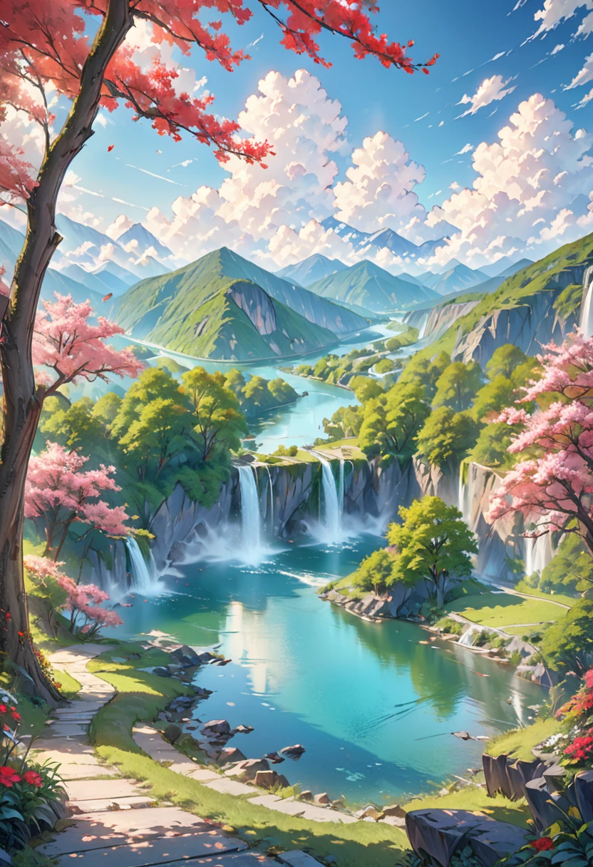 masterpiece, best quality, high quality, extremely detailed CG unity 8k wallpaper, scenery, outdoors, sky, cloud, day, no humans, mountain, landscape, water, tree, blue sky, waterfall, cliff, nature, lake, river, cloudy sky,award winning photography, Bokeh, Depth of Field, HDR, bloom, Chromatic Aberration ,Photorealistic,extremely detailed, trending on artstation, trending on CGsociety, Intricate, High Detail, dramatic, art by midjourney