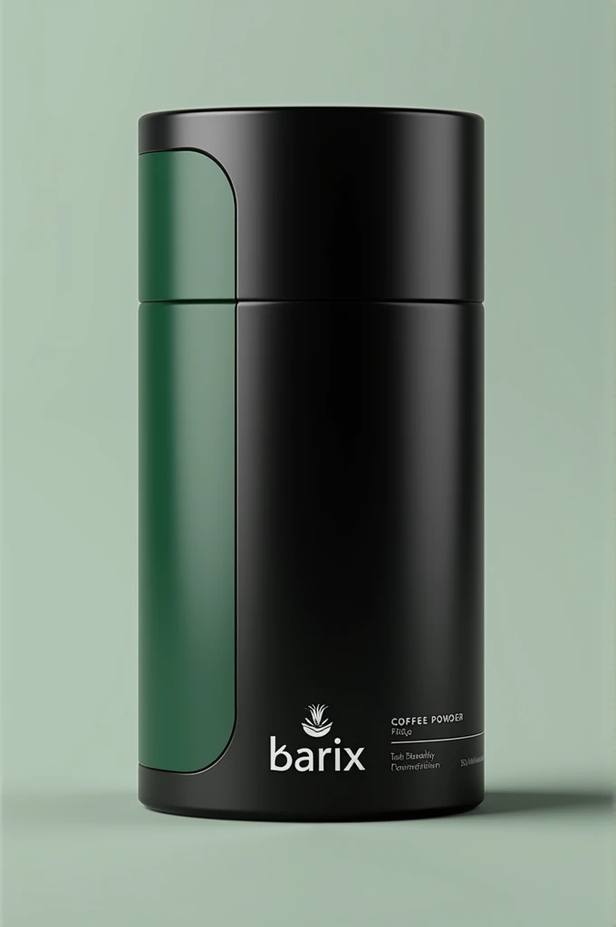 I want a new and special packaging for coffee powder in the form of a black cylinder with a very dark green color under the Barix brand