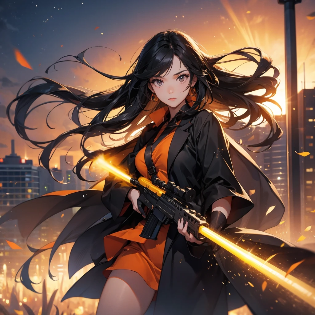 a beautiful woman with long black hair, wearing a tight orange dress, standing holding a rifle, aiming the barrel at the bad guys, on a tall building, the sun is setting, close up.