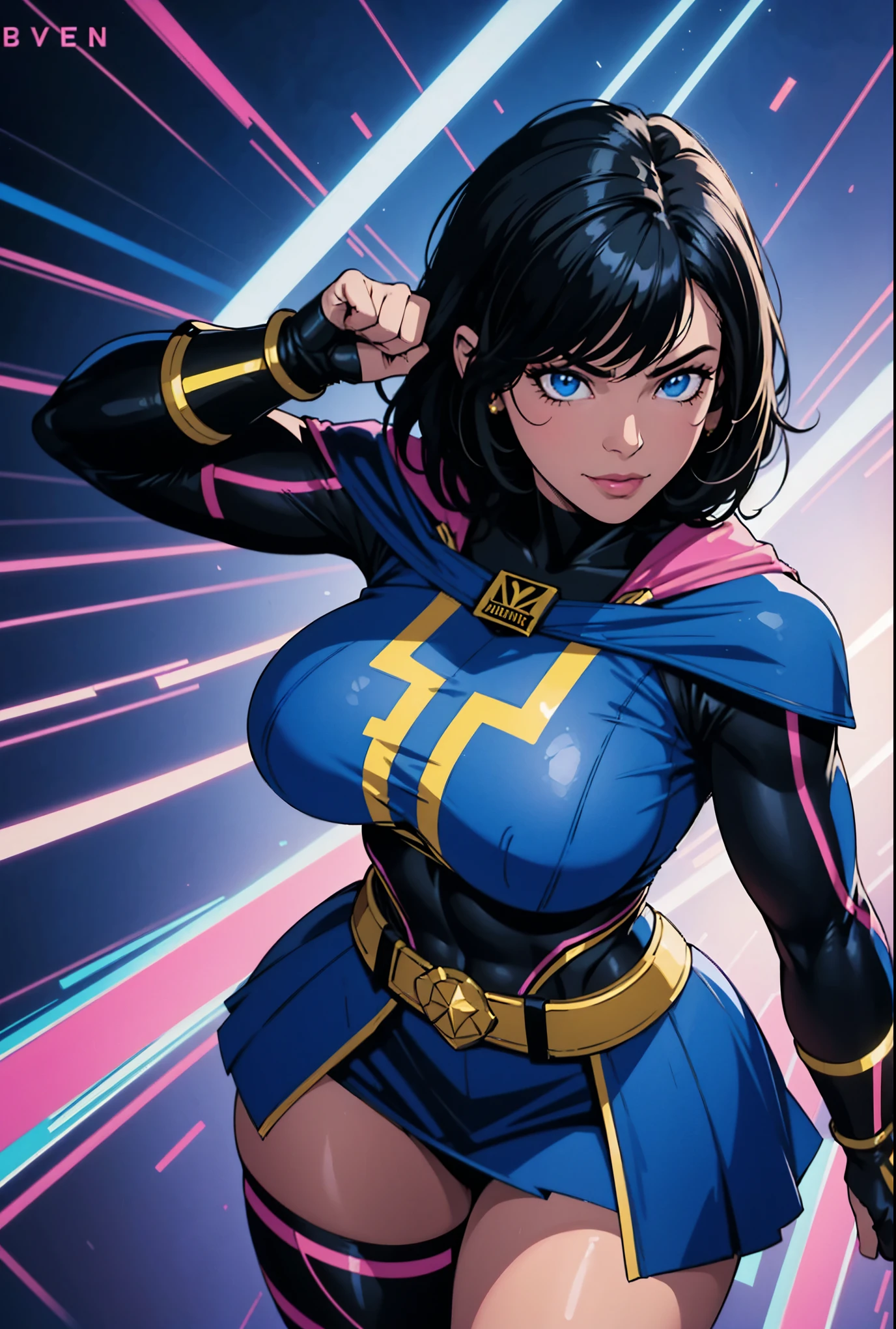 Digital painting of a woman with royal blue and black hair, Superhero, Muscle Girl, Pause, Raise your fist, From above, 1 Raise your knees, Behance Contest Winner, Afrofuturism, Synthwave, neon, glowing neon, Huge saggy breasts,cape,highschool skirt,cute smile,