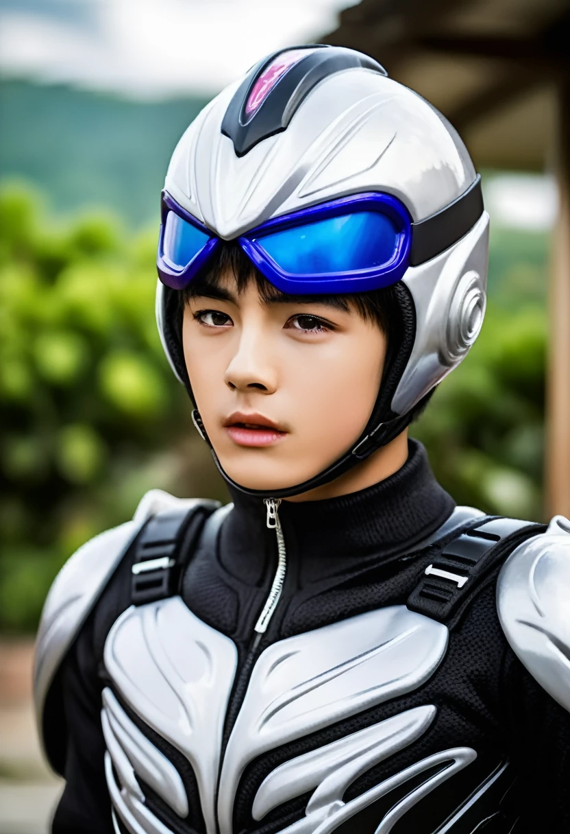 Cool handsome young boy, 18 years old, in Kamen Rider suit, with milky  poured over his body, mouth wide open, pained expression