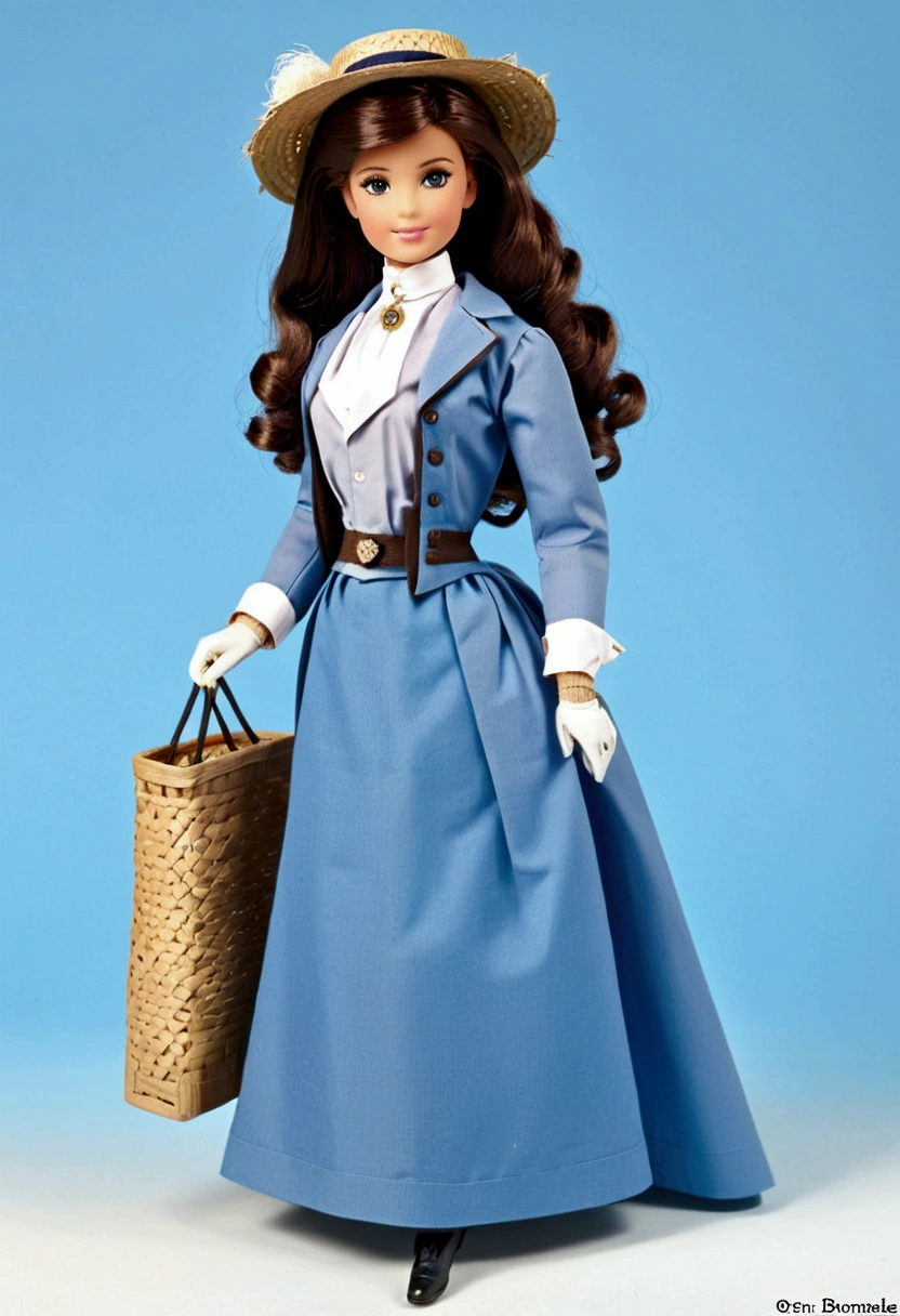 Barbie as a pretty girl wearing her Victorian school uniform. Year 1895. 1890_dress. High-collar long sleeve white shirtwaist, cameo brooch, light blue cloak over her shoulders, straw hat, gloves, knee-high light blue skirt, petticoats, stockings and boots. Long curly brunette hair. Short skirt. Light brown skin.
