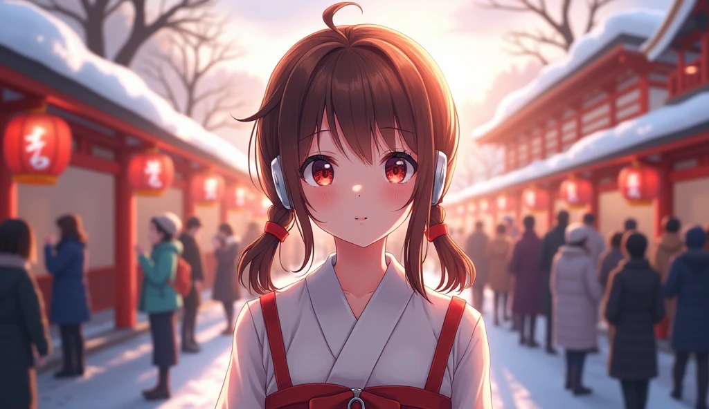 (masterpiece:1.3, highest quality, ultra high resolution, super detailed), (realistic, photorealistic:1.4), beautiful illustrations, perfect lighting, Natural light, colorful, Depth of the bounds written, nfsw, looking at the viewer, (face focus, Upper body), 1 girl, Japanese, high school girl, perfect face, Cute symmetrical face, shiny skin, (middle hair:1.5, low twin tails:1.7, brown hair), asymmetrical bangs, dark red eyes, (medium breasts), beautiful hair, beautiful face, detailed and beautiful eyes, beautiful clavicle, beautiful body, beautiful breasts, beautiful thighs, beautiful feet, beautiful fingers, ((shrine maiden clothes, long sleeve, for a long time, hair ribbon)), (cute smile, upper eye, parted lips), (beautiful scenery), winter, dawn, (New Year, first visit), (shrine), crowd, snow, snowfall:1.5, freezing weather, Frost, Are standing, walk, (headphones, wearing headphones),