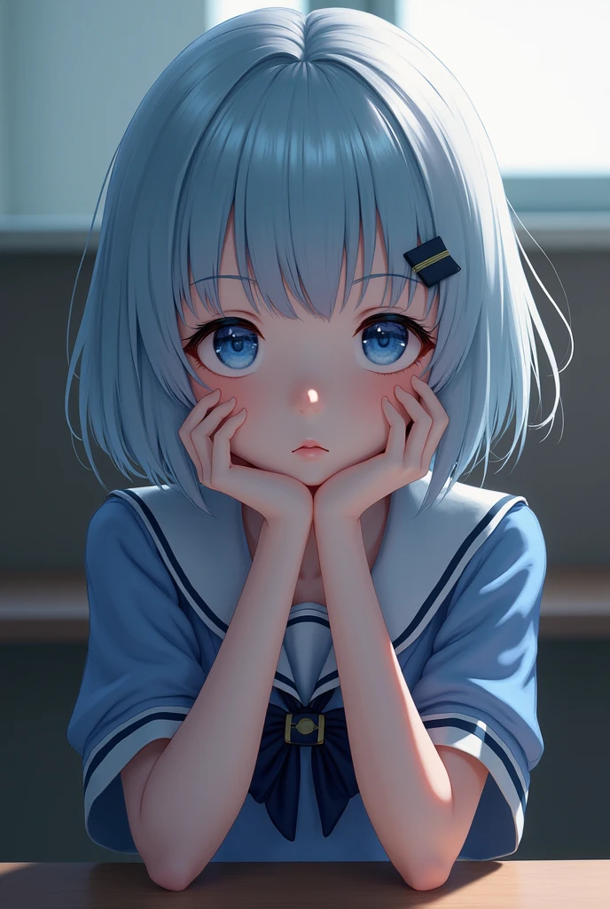 High school student hairstyle(Light blue and white mix) blue eyes, short hair, low length, school uniform, Small lips, alone, Thin lashes, Sitting, Hand on chin