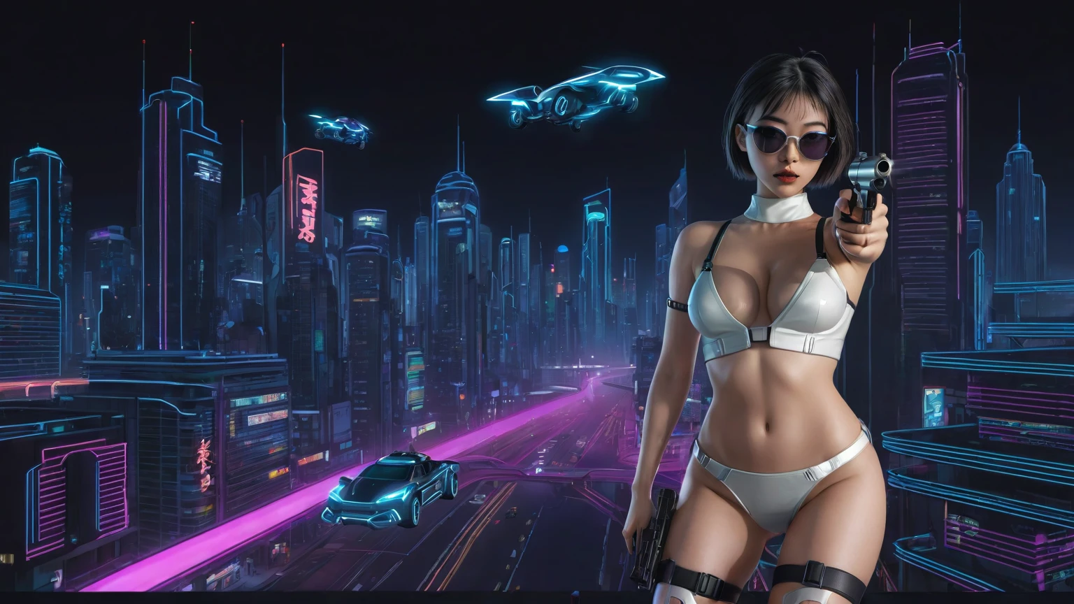 At night, simple outlined cyberpunk city, flying cars, line art background. (1girl, solo), photo realistic, medium-breast:1.3 slim body, cleavage, sling top, miniskirt, black sunglasses, holding a short gun, half-body thigh level medium shot, cinematic lighting, ray tracing.