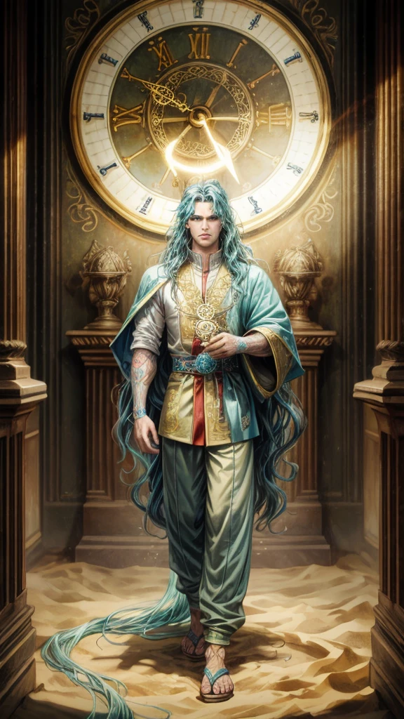 A man with cyan wavy long hair and yellow pupils, wear an ancient clothes and have a clock tatoo, wear a halo, holding a sand clock