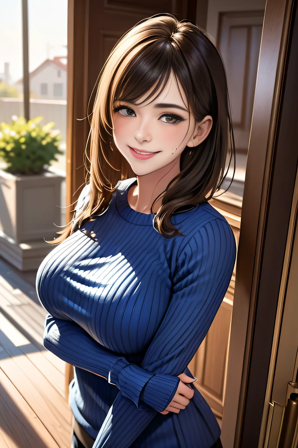 /(Modern house interior/), Only One Woman, Mature Woman, /(blue ribbed Sweater/), bangs, kind, Blushed Smile, (Top quality masterpiece:1.2) Delicate illustrations, Very detailed, Large Breasts、((Sweat,vapor))、In front of the entrance door、visit、(Full Shot)),