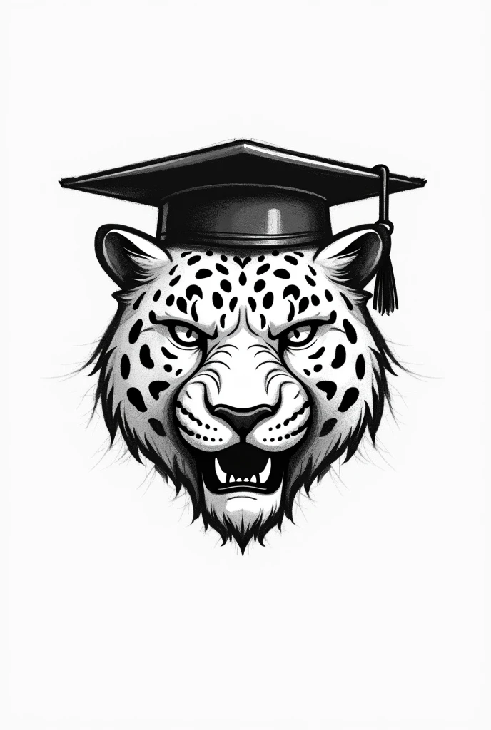 Logo of a painted jaguar with a graduation cap and showing school sportsmanship drawn with a black pencil without hair or beard and without showing teeth, just the head and from the front.