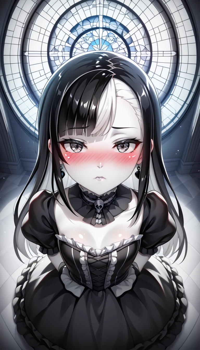 (UHigh resolution, retina, masterpiece, Accurate, Anatomically correct, Textured skin, Very detailed, Attention to detail, high quality, 最high quality, High resolution, 1080p, High resolution, 4K, 8k, 16k), (Beautiful details, Beautiful lip detail, Very detailedな目と顔), Studio Lighting, Physically Based Rendering, Vibrant colors, (Gothic Dress), (Portraiture, Shiny Hair, Shiny skin), [Stained Glass Windows, Bokeh], (incline one's head to the side:1.5), Eye Reflexes, (blush:1.5), (Gothic art, Pale skin, From above:1.5), Monochrome,