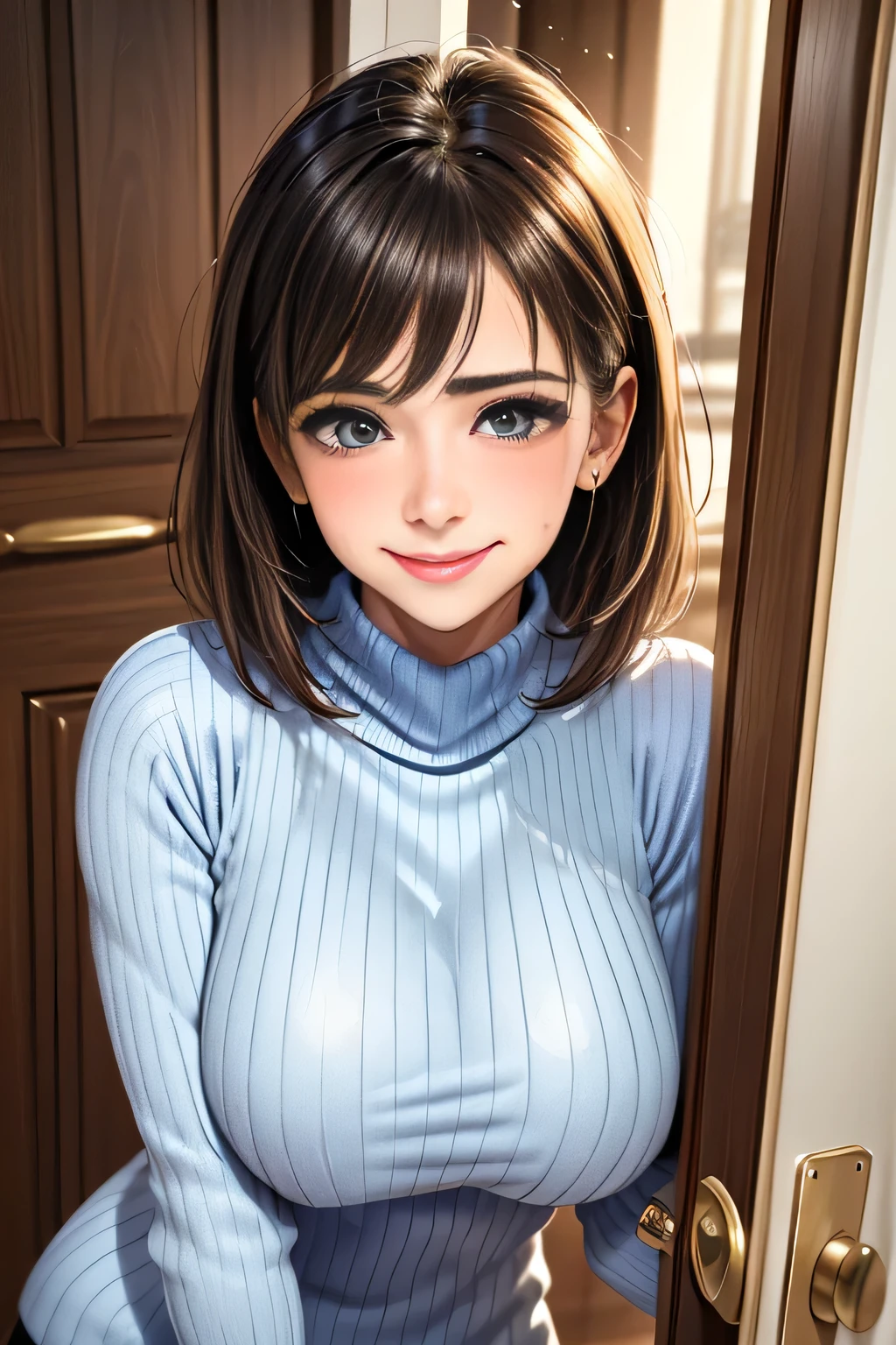 /(Modern house interior/), Only One Woman, Mature Woman, /(blue ribbed Sweater/), bangs, kind, Blushed Smile, (Top quality masterpiece:1.2) Delicate illustrations, Very detailed, Large Breasts、((Sweat,vapor))、In front of the entrance door、visit、(Full Shot)),