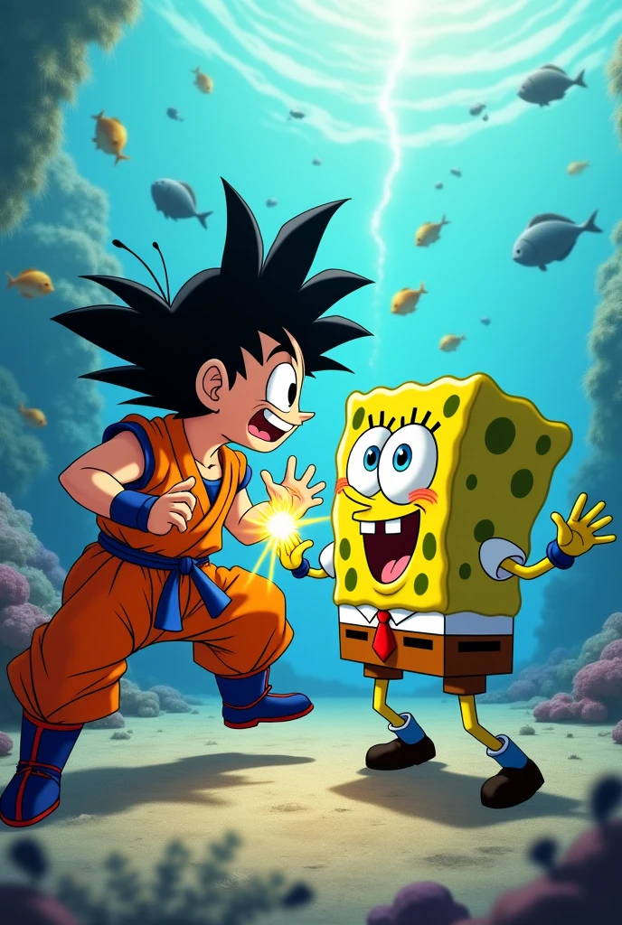 Goku and Spongebob fighting 