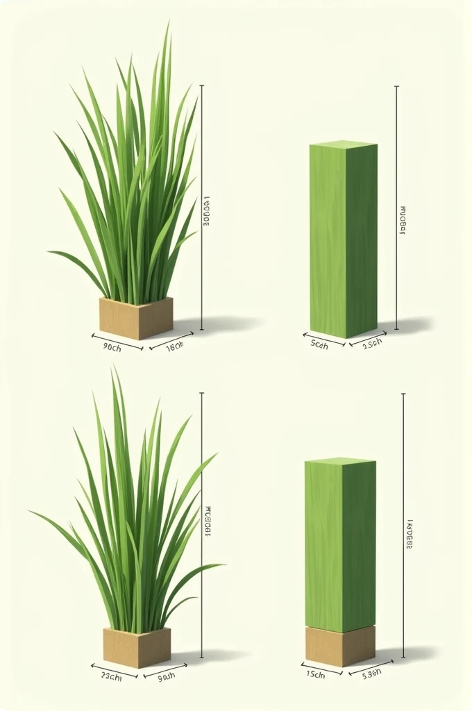 4 perspectives of a rectangular rush but with different heights and units