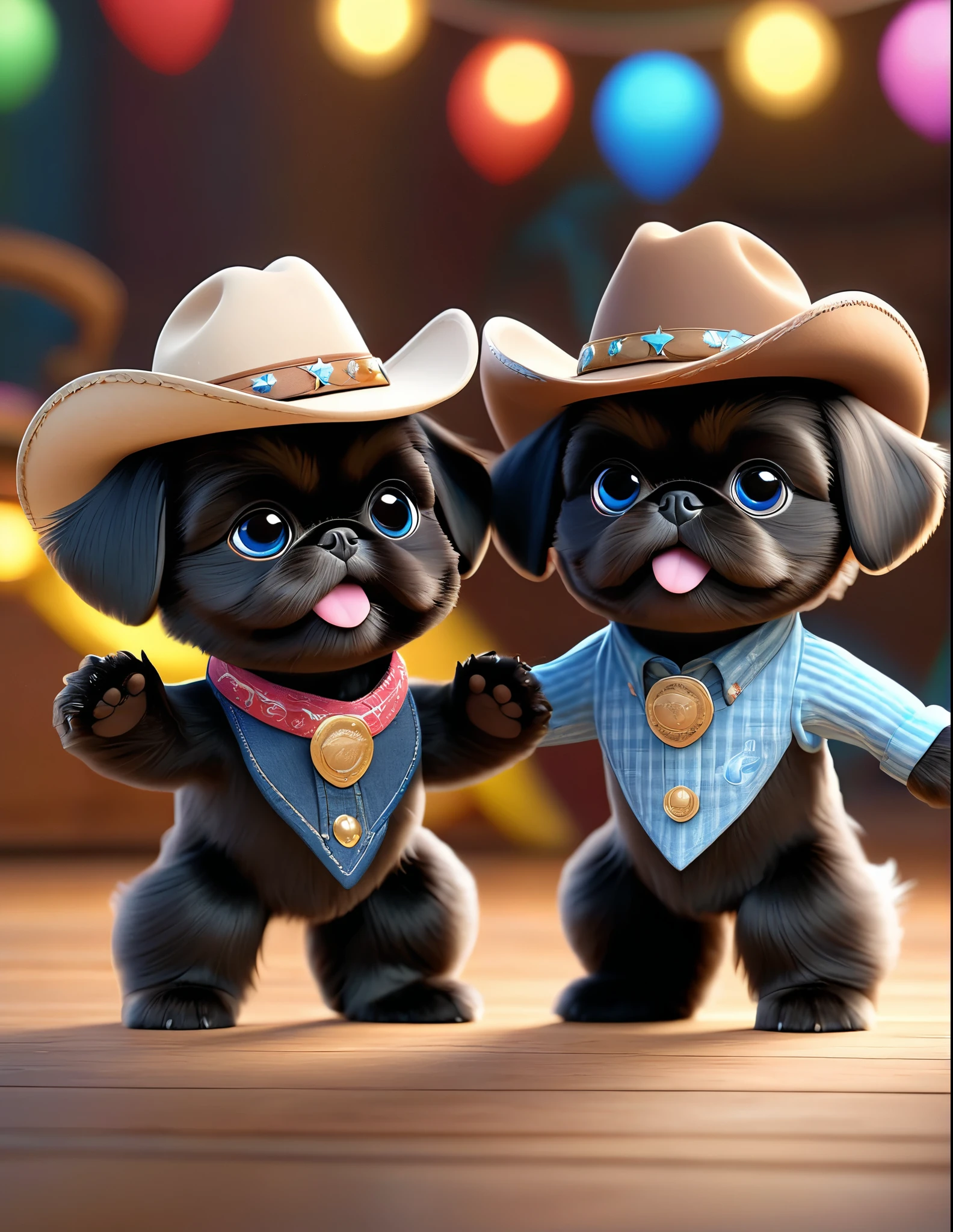 2 adorable black shih tzu puppies with big blue eyes, wearing colorful collers and cowboy hats, dancing on disney dance floor, 3D Pixar style,(best quality,4k,8k,highres,masterpiece:1.2),ultra-detailed,(realistic,photorealistic,photo-realistic:1.37),studio lighting,vivid colors,extremely detailed eyes and face,longeyelashes,cute,playful