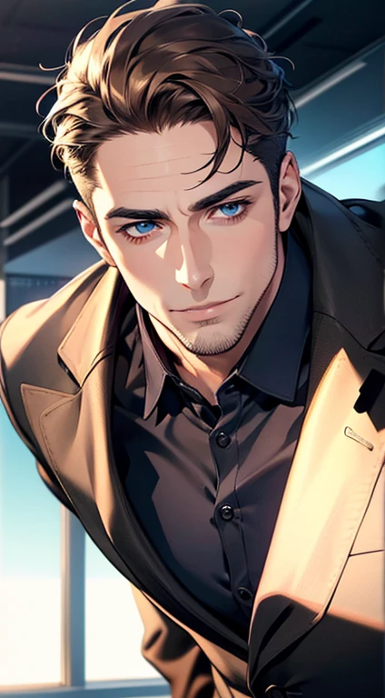 (best quality,4k,8k,highres,masterpiece:1.2),ultra-detailed,(realistic,photorealistic,photo-realistic:1.37),1 man,31 years old,mature man,very handsome,without expression,smile,short grey brown hair,blue eyes,penetrating gaze,perfect face without errors,imposing posture,businessman,office background,cinematic lighting,hdr image