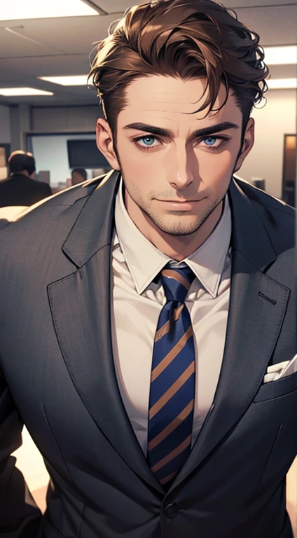 (best quality,4k,8k,highres,masterpiece:1.2),ultra-detailed,(realistic,photorealistic,photo-realistic:1.37),1 man,31 years old,mature man,very handsome,without expression,smile,short grey brown hair,blue eyes,penetrating gaze,perfect face without errors,imposing posture,businessman,office background,cinematic lighting,hdr image