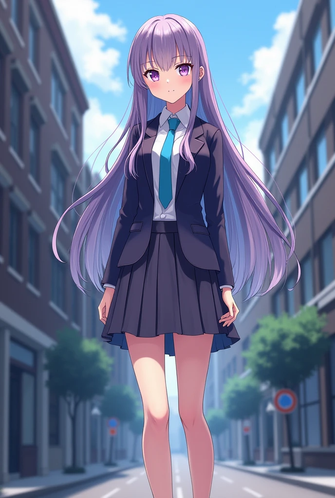 Anime girl standing on the city street with long hair and blue eyes, trends on artstation pixiv, purples eyes, blue necktie, comely (detailedeyes, face detailed,) ahegao, euladef, Noble temperament, high-heels, no d mark'water
