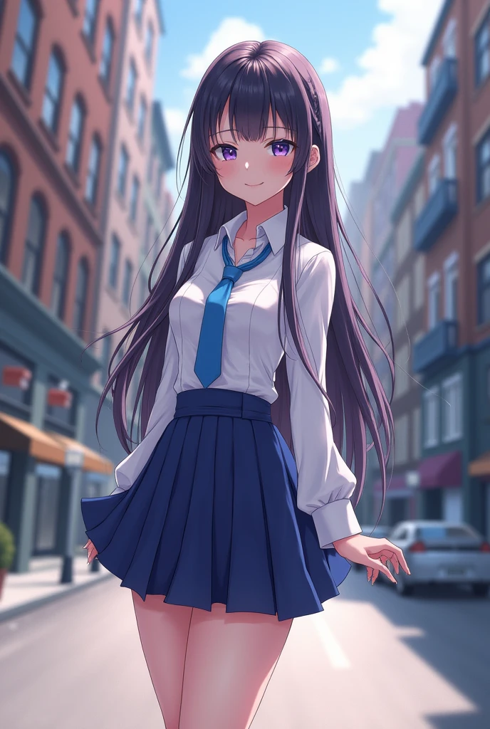 Anime girl standing on the city street with long hair and blue eyes, trends on artstation pixiv, purples eyes, blue necktie, comely (detailedeyes, face detailed,) ahegao, euladef, Noble temperament, high-heels, no d mark'water