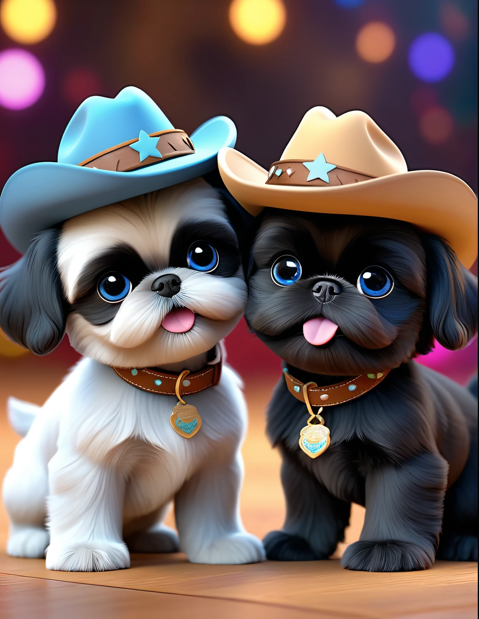 2 adorable black shih tzu puppies with big blue eyes, wearing colorful collers and cowboy hats, dancing on disney dance floor, 3D Pixar style,(best quality,4k,8k,highres,masterpiece:1.2),ultra-detailed,(realistic,photorealistic,photo-realistic:1.37),studio lighting,vivid colors,extremely detailed eyes and face,longeyelashes,cute,playful