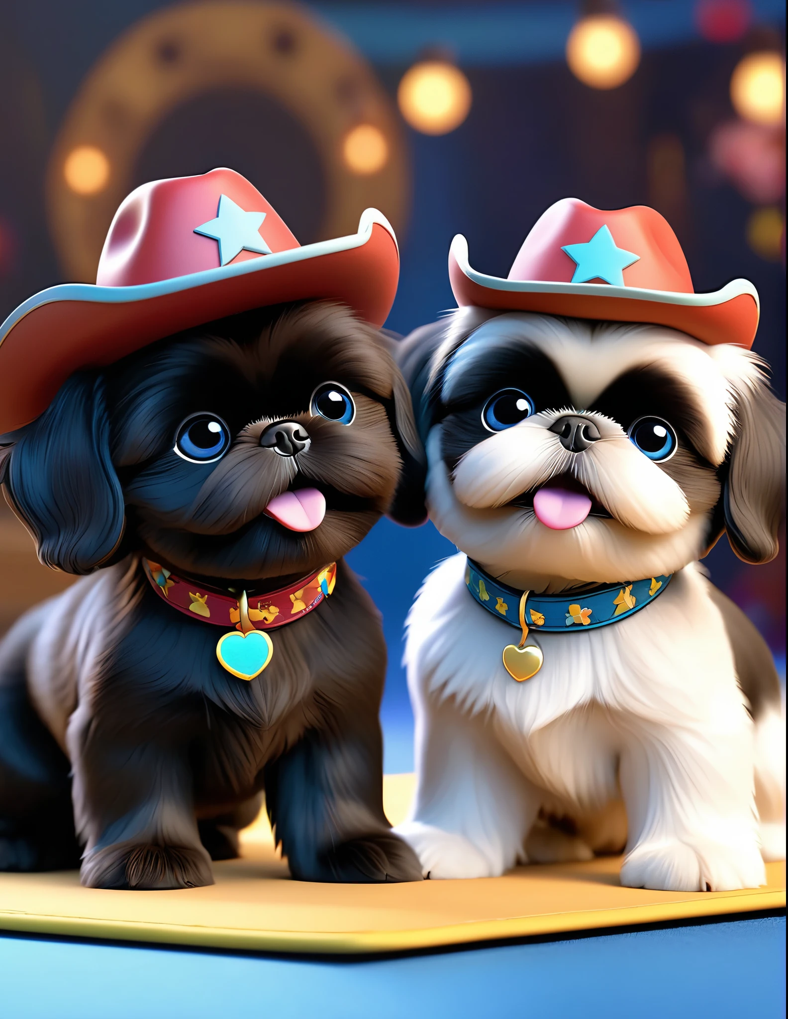 2 adorable black shih tzu puppies with big blue eyes, wearing colorful collers and cowboy hats, dancing on disney dance floor, 3D Pixar style,(best quality,4k,8k,highres,masterpiece:1.2),ultra-detailed,(realistic,photorealistic,photo-realistic:1.37),studio lighting,vivid colors,extremely detailed eyes and face,longeyelashes,cute,playful