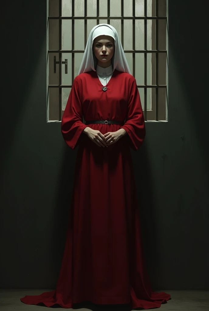 Imagine a female figure dressed in a red suit and a white cap., symbolizing the handmaids of Gilead. The figure is standing in a dark and gloomy room, with a barred window behind it, representing their confinement and oppression. In his hand, holds a small object that symbolizes his resilience and hope.