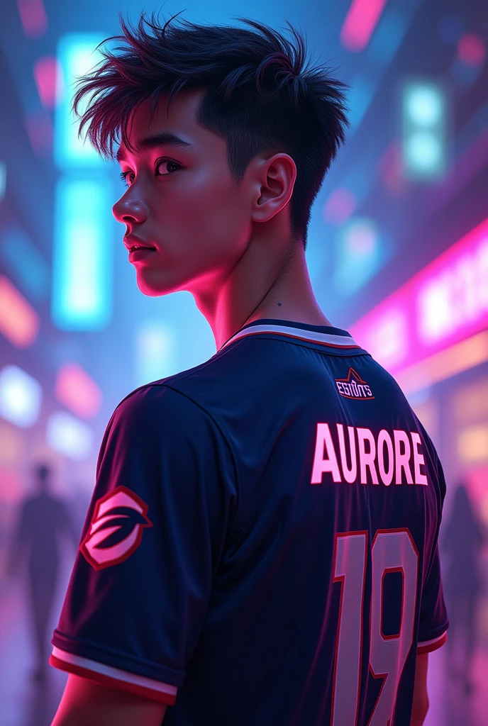 A young man with aurora esports jersy and has a QaLipian name on the back