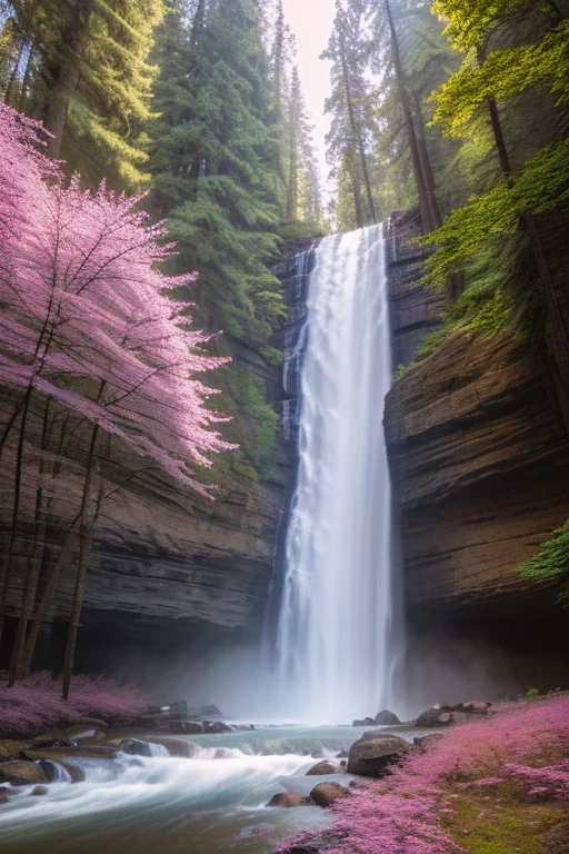 a little foggy, big tall mountains on the sides, river in the middle heading up to tall mountain with waterfall, sun light coming through pink tree forest
