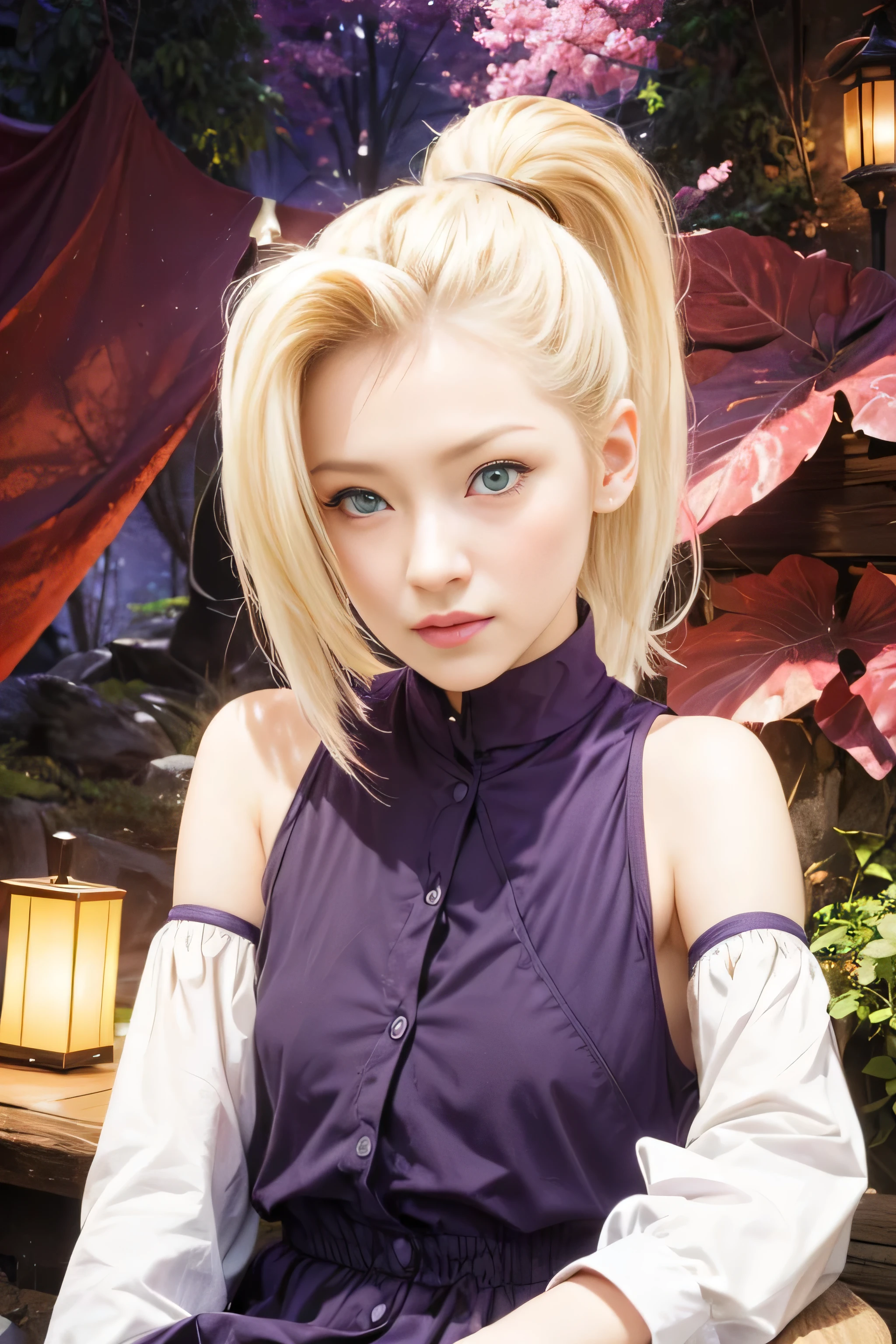 masterpiece, best quality, (realistic,photo-realistic:1.4), (RAW photo:1.2), extremely detailed CG unity 8k wallpaper, delicate and beautiful, amazing, finely detail,official art, absurdres, incredibly absurdres, huge filesize, ultra-detailed, extremely detailed, extremely detailkcaled girl,extremely detailed eyes and face, light on face,little smiles,(short hair:1.3),(blonde hair:1.3)(nature background:1.4),yamanaka ino,(wearing purple clothes:1.4),ponytail