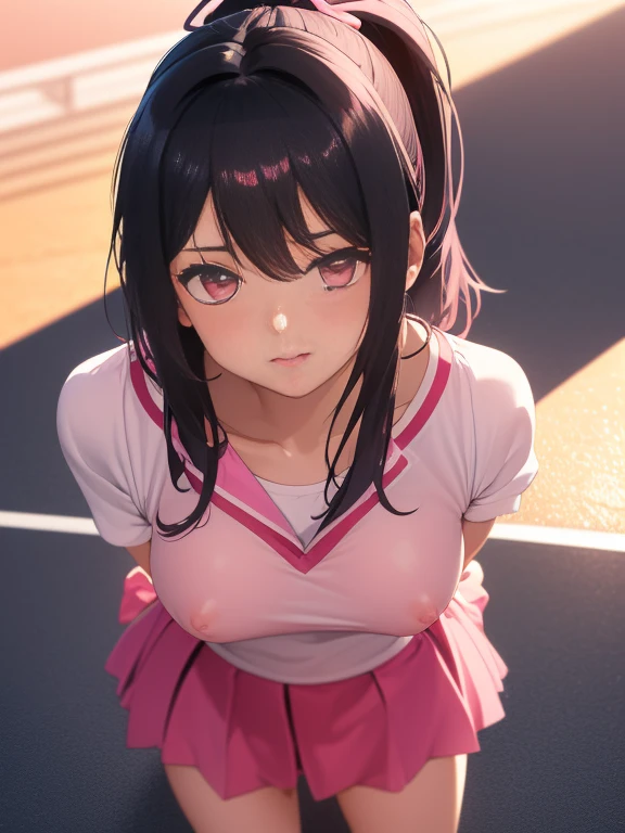 (Beautiful pink eyes, Shining Eyes), , blush cheeks, Open your mouth, (male:1.4), (male standing behind girl), (intense:1.2), (dorsal position:1.4), Standing puppy, Alienity, (male hold girl's waist:1.4), (View,male性の視点、View from above:1.4),(), National Foundation, Outdoor, Tennis court, sunlight, Shadow,
masterpiece, Superb illustrations, Highest quality, Particles of light, Very detailed, 8k wallpaper, (Vibrant colors:1.2), (girl), look back,Laugh shyly,blush, Laugh shyly, Gaze lovingly at,Medium chest, Black Hair, Messy Hair, Medium length hair, ponytail, Pink Ribbon, Shiny Hair, Glowing Skin, Cute Face, (Pink tennis uniform), Bottomless, Nipples,