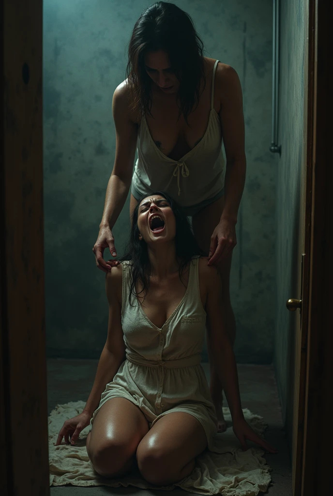 Photo realistic screaming russian woman being undressed by a tall wonan