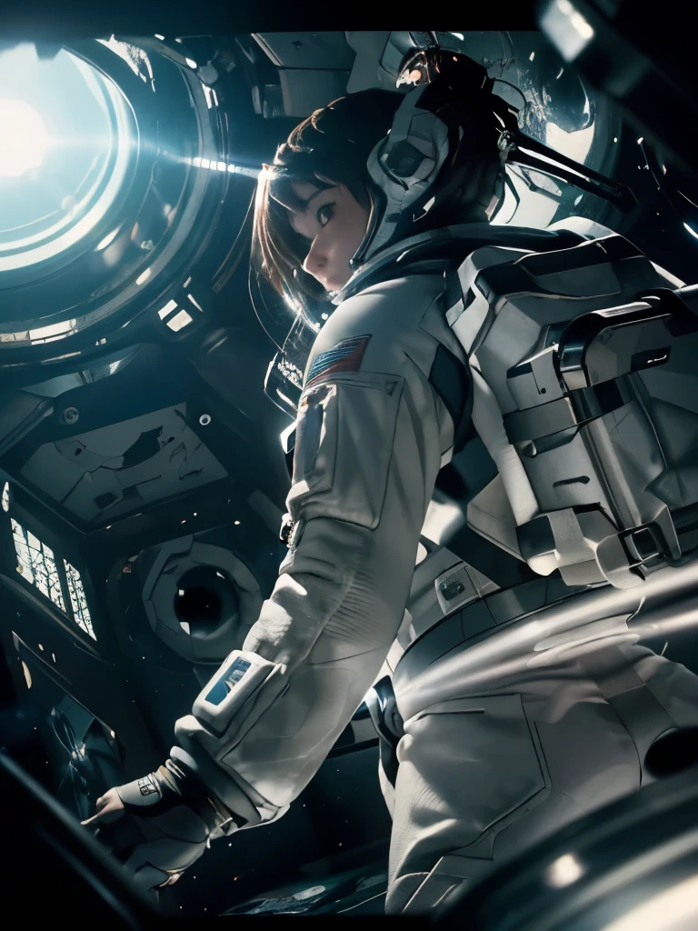 (8k, RAW photo, best quality, masterpiece), (photorealistic), outstanding details, ultra-high resolution, anatomically correct, textured skin, (Extremely precise and accurate anatomy),
Ultra Detailed Face, Detailed Eyes, 

(Fisheye lens effect), astronaut, extravehicular activity, EVA, weightlessness, zero gravity, spacewalk, extravehicular activity unit,
(Cute Japanese girl , 20-year-old), 

(backlighting), 
(reflection light from below:1.4), 
depth of field, 
(dramatic lighting), cinematic lighting, 