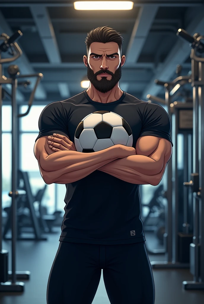 a man wearing black pants and shirt with a black beard, folded arms, standing in front of fitness equipment inside a shop, looking ahead, holding a soccer ball, anime style, photorealistic, dynamic lighting, highly detailed, 8k, best quality