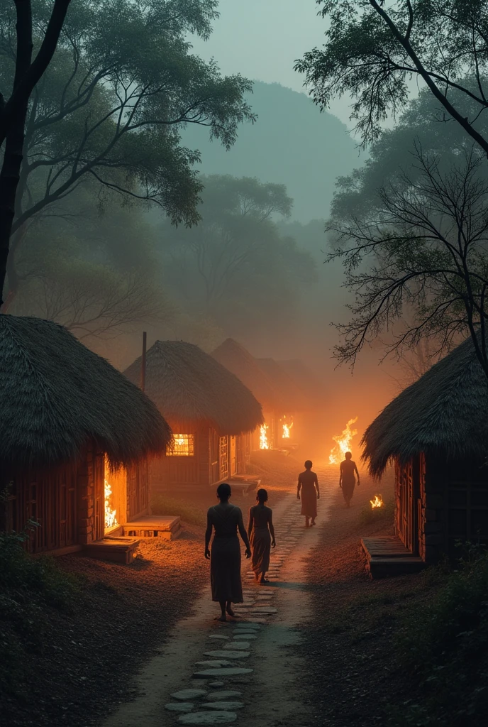 Create a picture of Indian village with houses covered with dense forest and villagers all women and mens of the village are burning dead person