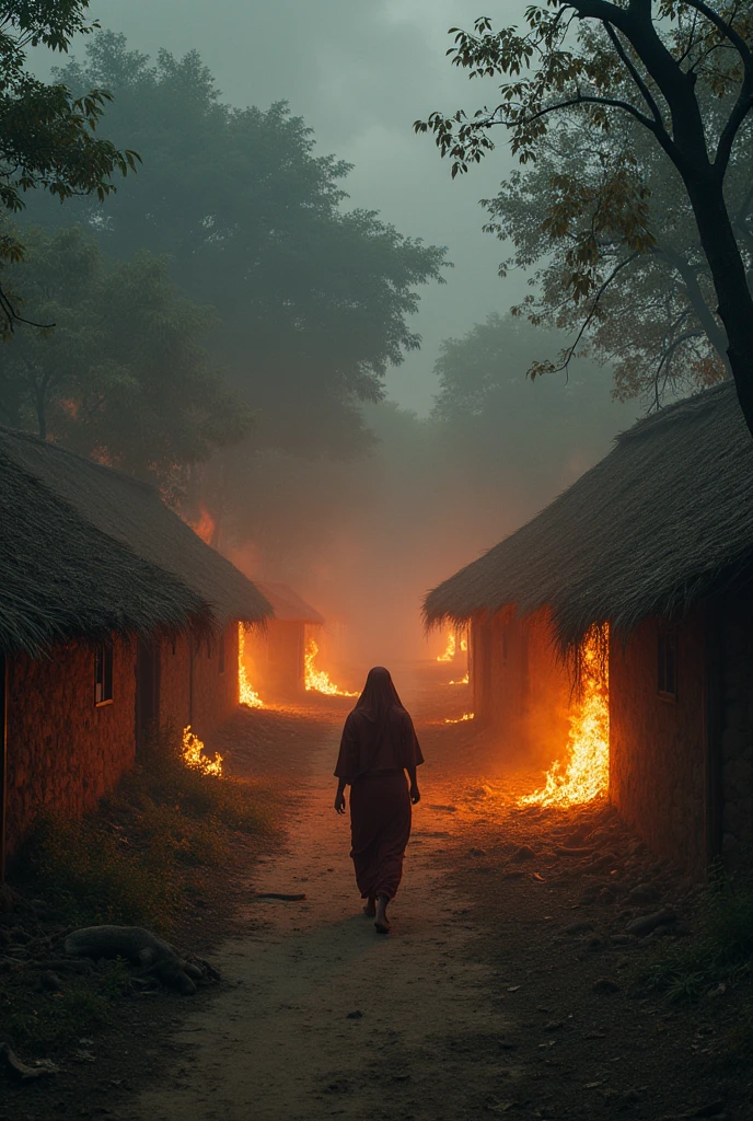 Create a picture of Indian village with houses covered with dense forest and villagers all women and mens of the village are burning dead person