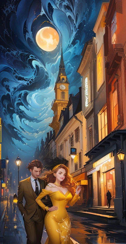 painting of a woman in a yellow dress and a man in a suit, inspired by Vincent Lefevre, cyril rolando and m.w kaluta, cyril rolando and m. w kaluta, novel cover art for a book, stylized urban fantasy artwork, a beautiful artwork illustration, in style of cyril rolando, inspired by andrey ryabovichev