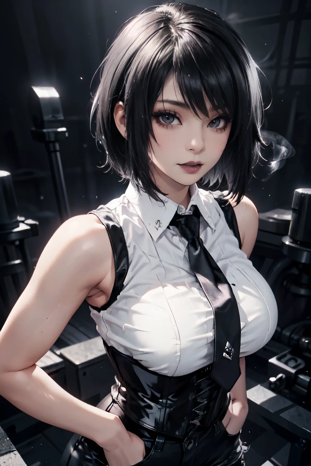 Girl, woman, emo_hairstyle, black lipstick, eyeliner, eye shadow, smoky eyes, realistic lighting, short hair, standing up, shiny skin, arched back, seductive look, seductive smile. Big breast. Sleeveless, necktie, white shirt, black corset, long gloves, Tight pants. Looking at camera. Upper body.