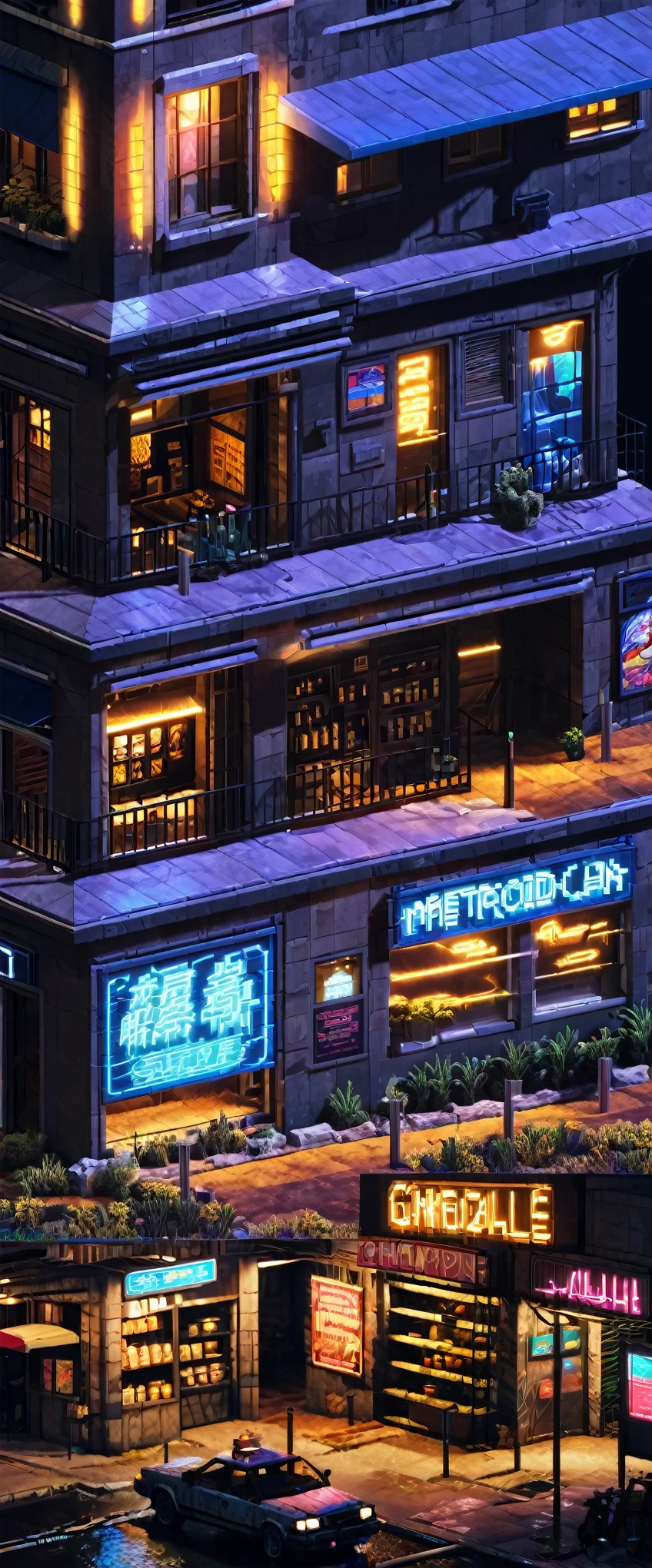 8k, masterpiece, best quality, hyper detailed, pixelart, dystopian cyberpunk city, metroidvania game map, intricate architecture, neon lights, gritty atmosphere, dark moody colors, detailed futuristic landscape, abandoned buildings, rusted metal textures, moody lighting, complex environmental details, intricate pixel art style, cinematic composition, dramatic shadows, rain effects