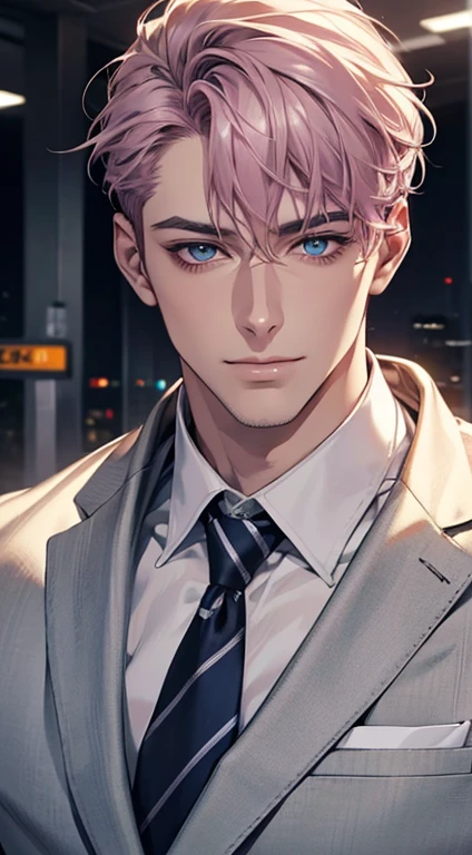 (Highest quality,4K,8K,High resolution,masterpiece:1.2),Super detailed,(Realistic,photoRealistic,photo-Realistic:1.37),1 person,31 years old,Mature Men,Beautiful skin、very handsome,Expressionless,smile,Short gray pink hair,blue eyes,Sharp Eyes,A perfect face without a doubt,Businessman,Office Background,Cinema Lighting,HDR image,tie、