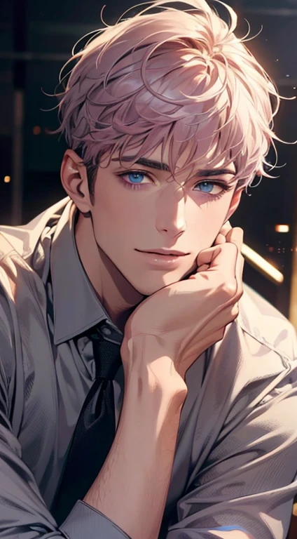 (Highest quality,4K,8K,High resolution,masterpiece:1.2),Super detailed,(Realistic,photoRealistic,photo-Realistic:1.37),1 person,31 years old,Mature Men,Beautiful skin、very handsome,Expressionless,smile,Short gray pink hair,blue eyes,Sharp Eyes,A perfect face without a doubt,Businessman,Office Background,Cinema Lighting,HDR image,tie、